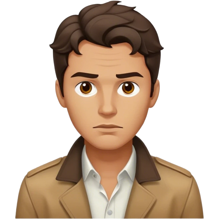 The person(male) has a tanned complexion, wavy  dark hair covering his forehead, well-defined facial features with a strong jawline, full lips, and serious expression. They are wearing a white shirt layered with a brown jacket emoji