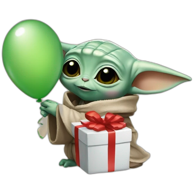 Baby yoda with present and balloons emoji