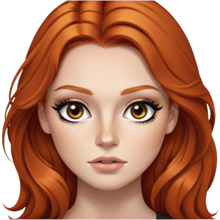 ginger hair, brown eyes, freckled, baddie,pretty makeup, strong makeup, black eyeliner, long hair emoji