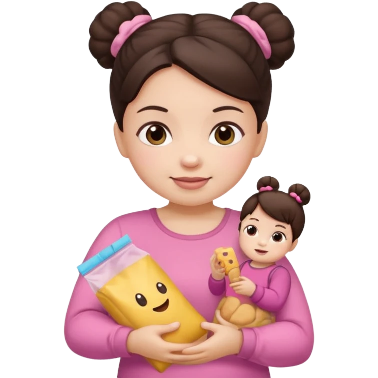 Cute small Toddler emoji with two buns dark brown hair, fair skin, in pink top, holding toddler snacks emoji