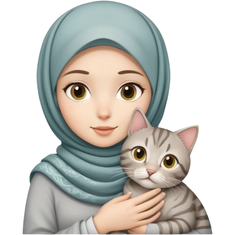 White hijab girl with printed hijab holding grey tabby cat emoji