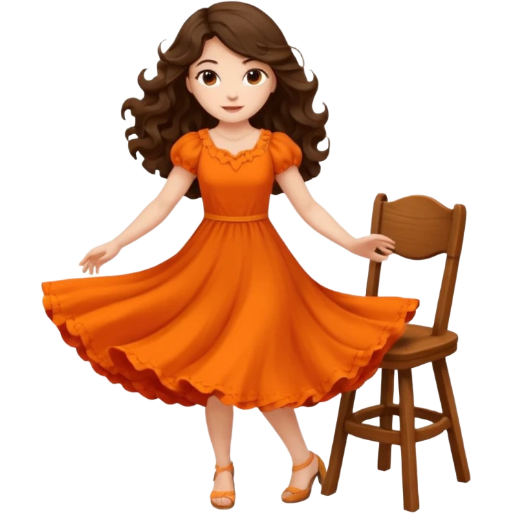 Long dark wavy hair women in orange standing and twirling around a chair  emoji
