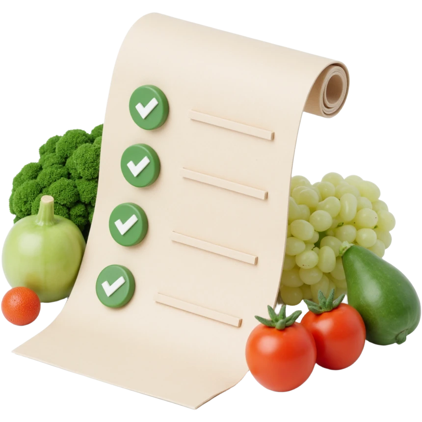 floating rolled paper list with green checkboxes and around vegetables emoji