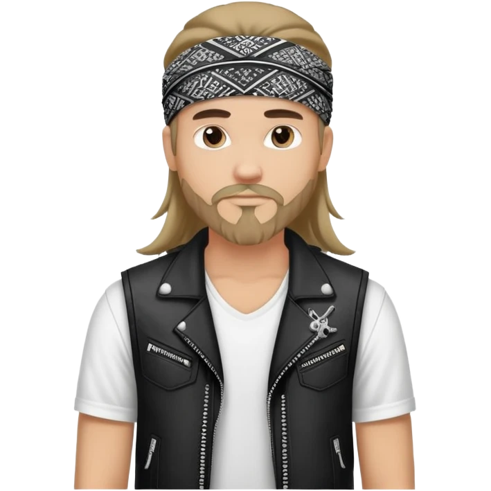 Guy wearing black and white patterned bandana as a headband with goatee and long hair, wearing white tshirt with black biker vest emoji