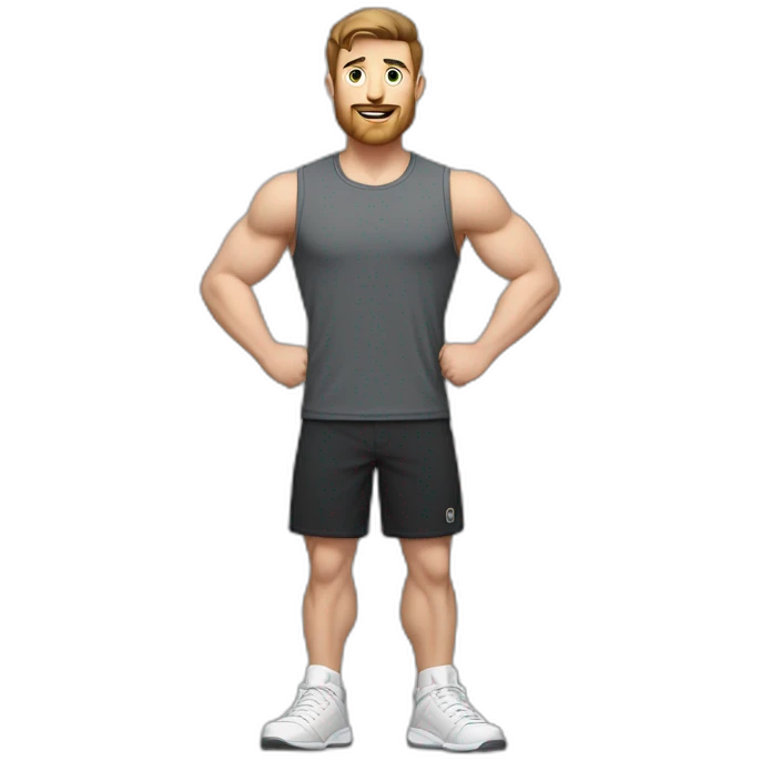 Full height Actively gesturing with hands Pale skinned Fit Man With the biceps and brown hair in dark gray Sleeveless Mike, black oversize sports shorts, watch and white Sneakers emoji