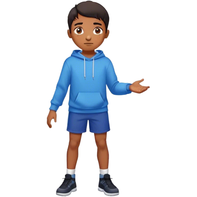 Indian boy with freckles. he has a black sweatshirt and blue shorts. He is in 8th grade. He plays a video game called pico park. emoji
