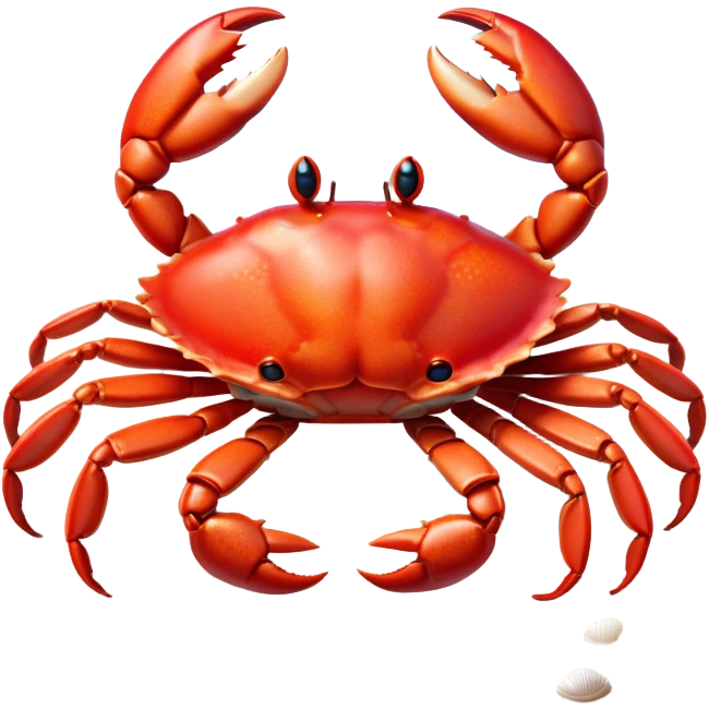Cinematic Realistic Cute Crab Portrait Emoji, Head tilted playfully and inquisitively, featuring a compact, sturdy form with a glossy red shell uniquely forming an endearing face with bright, sparkling eyes, rendered with intricate natural textures and subtle coastal hues, high shine, affectionate and spirited, styled with a touch of seaside whimsy, soft glowing outline, capturing the essence of a mischievous yet lovable crab that seems ready to pinch playfully out of the screen into your arms! emoji