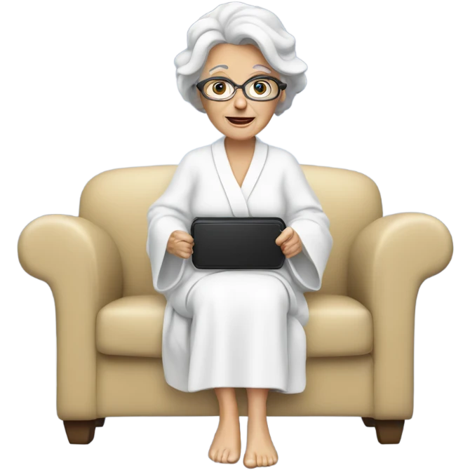 White 60 year old woman wearing a white robe watching tv from a couch  emoji