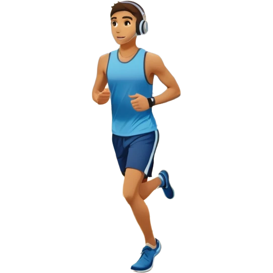 A runner wearing sports headphones jogs along a scenic waterfront promenade. The path is lined with trees, and the calm water reflects the golden hues of sunrise. In the background, a city skyline and distant mountains create a picturesque view. Transparent background enhances the motion. emoji