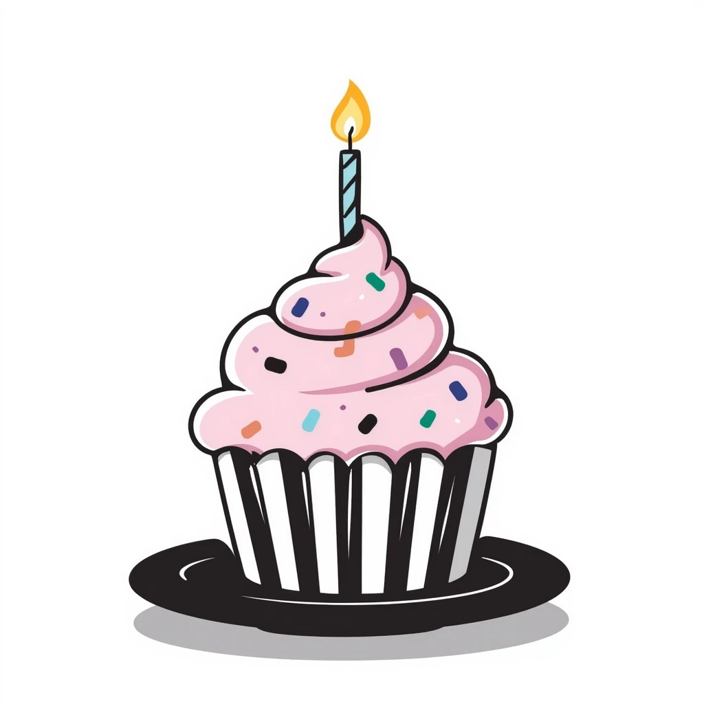 A single decorated birthday cupcake with swirled frosting, colorful sprinkles, and a lit candle on top. Using pastel colors (pink, light blue, lavender, peach). Hand-drawn doodle style with festive details. Cute celebratory design. emoji