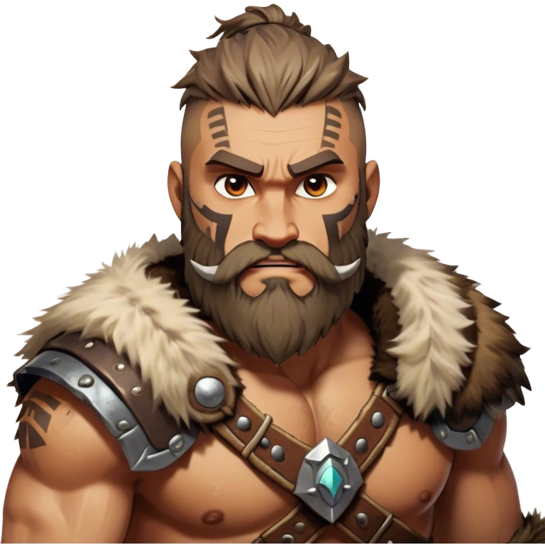 Clash of Clans style: Cinematic Rugged Barbarian Portrait Emoji, Intense and formidable with a stylized build, a rugged beard and expressive eyes, adorned in playful, battle-worn furs and cartoonish armor with tribal markings, Simplified yet powerfully detailed features, highly detailed, glowing with a deep, adventurous energy, high shine, spirited and determined, stylized with an air of raw, untamed power, soft glowing outline, capturing the essence of a barbarian warrior ready to lead epic quests! emoji