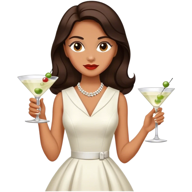 Beautiful woman in 1950’s woman fashion look, white dress, long dark brown hair, martini  emoji