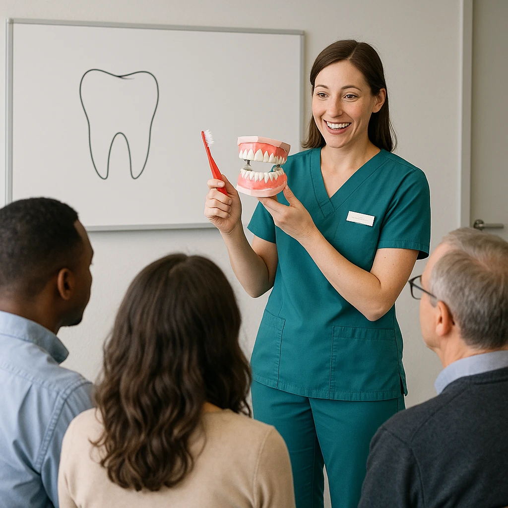 dental hygienist as an educator, holding a toothbrush and teaching a group, in a professional setting emoji