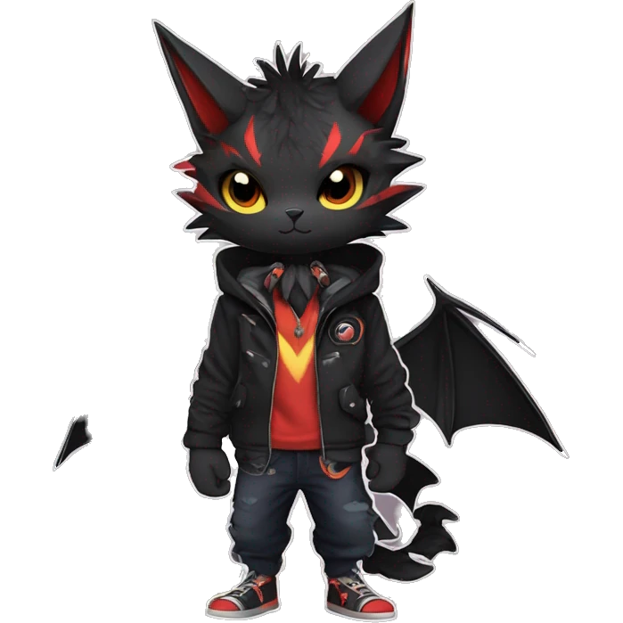 Cool Anthro Black Bat-Nargacuga-Litten-cat-Pokémon with edgy stripes hoodie spiked collar punk Full Body emoji