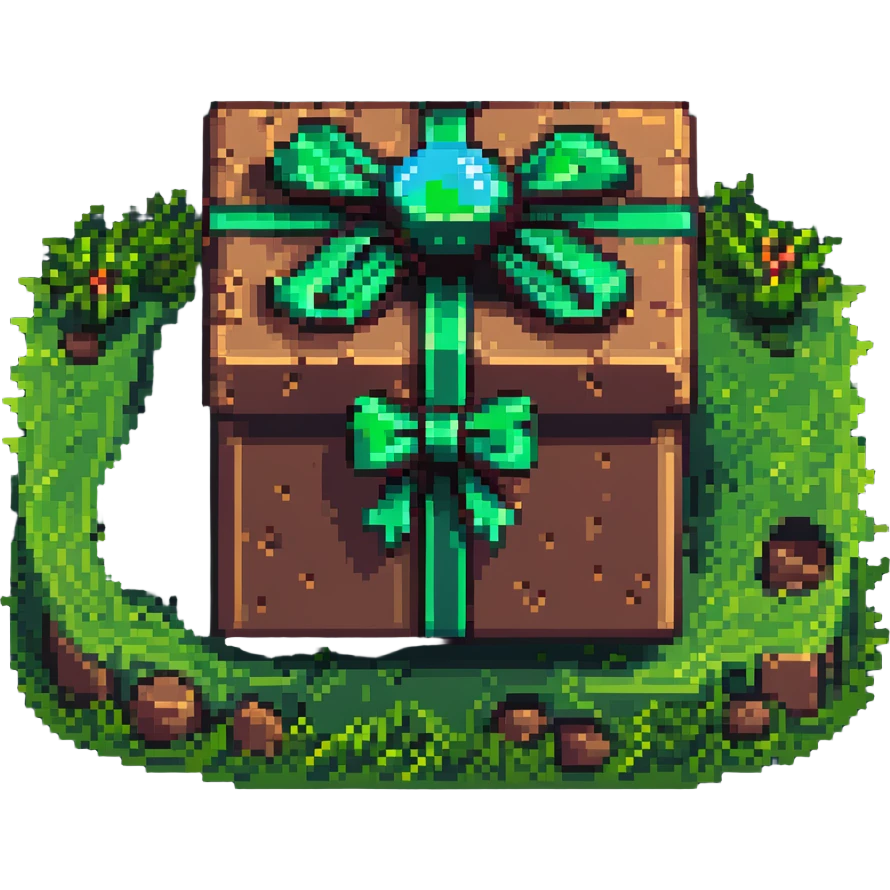 cinematic voxel gift box with earth-brown clay-flecked sides, neon-green grass top, glossy emerald ribbon with beveled edges, bow forming two symmetrical viewing scopes, floating mid-air, soft ambient light and deep shadows, dramatic violet background, pixel-art nostalgia and discovery emoji