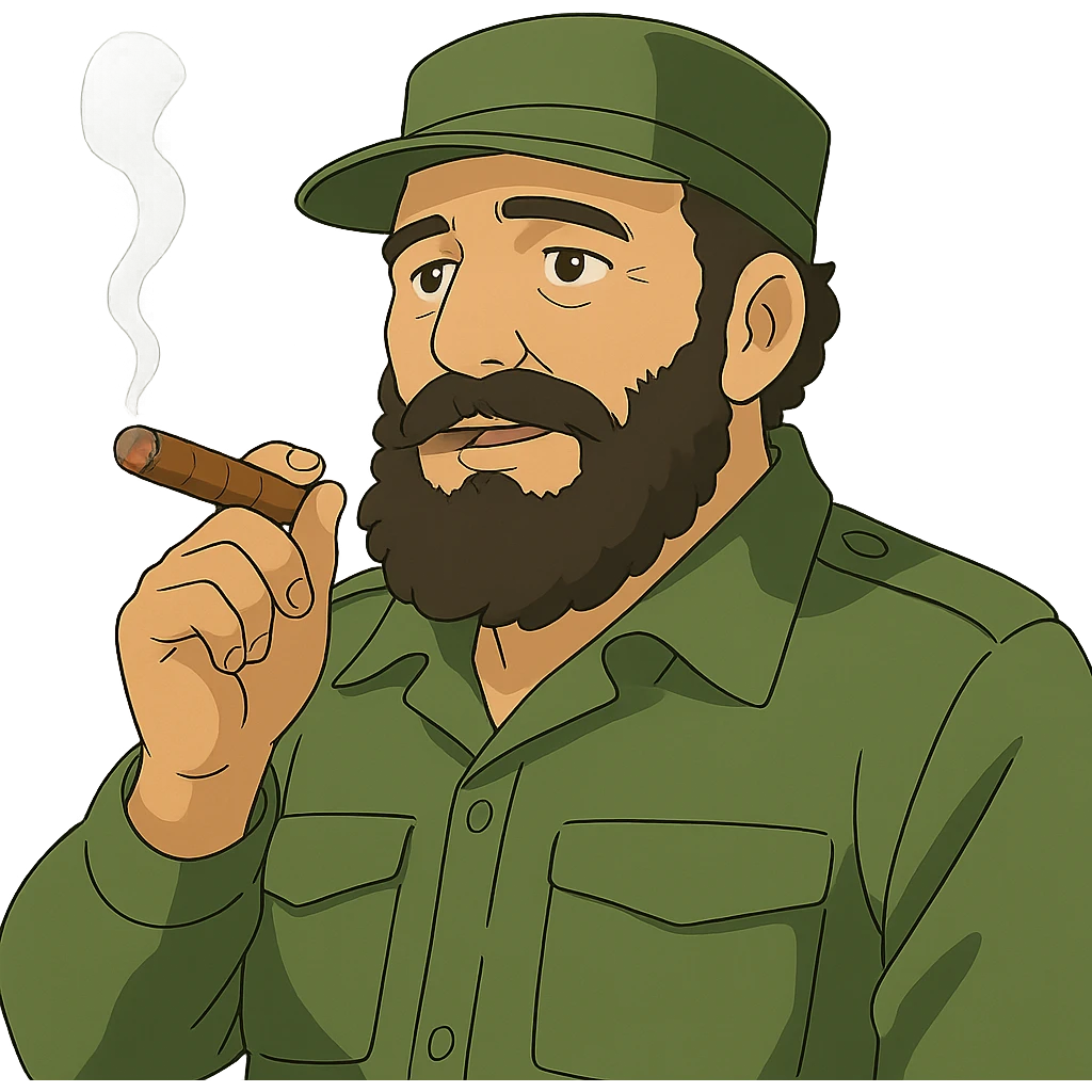 ghibli style illustration of Fidel Castro with a cigar emoji