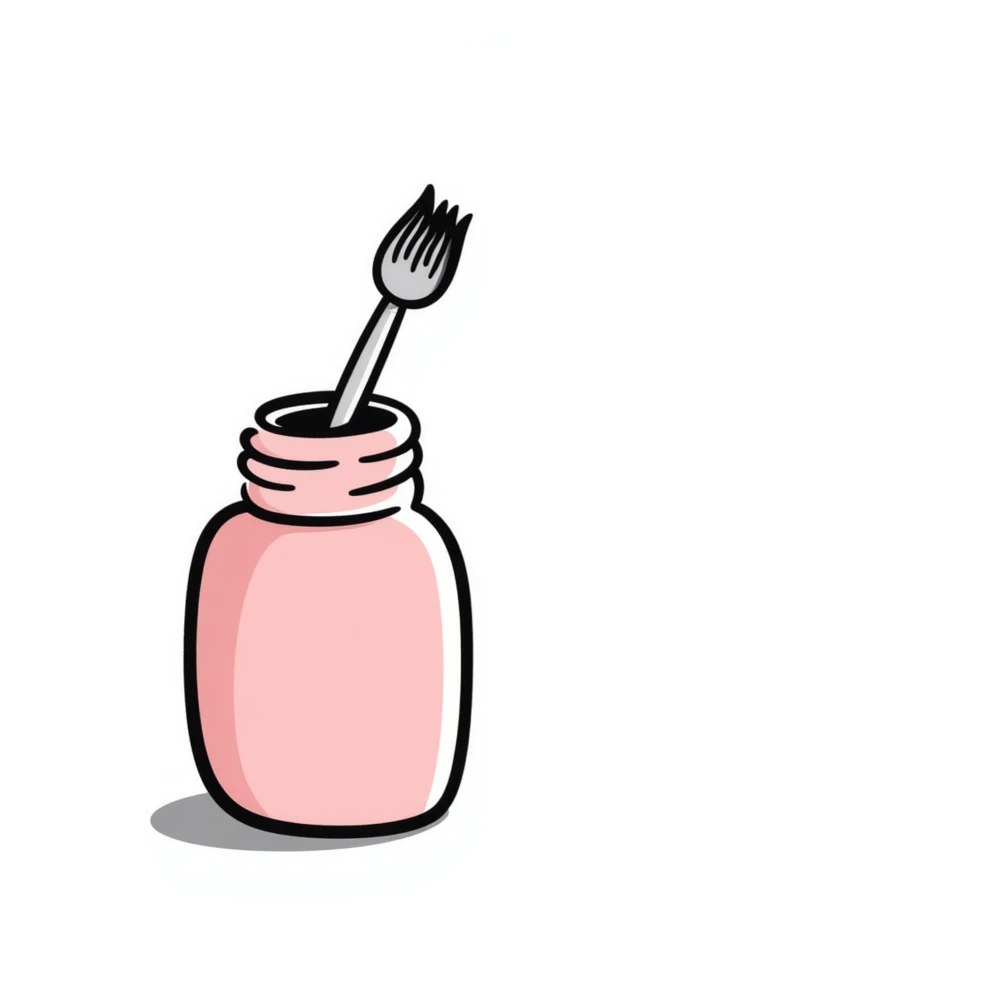 nail polish bottle with brush in pastel colors dd9fb0 ffc6d3 a3bfc9 c4bee2 f1b091, hand-drawn doodle style emoji
