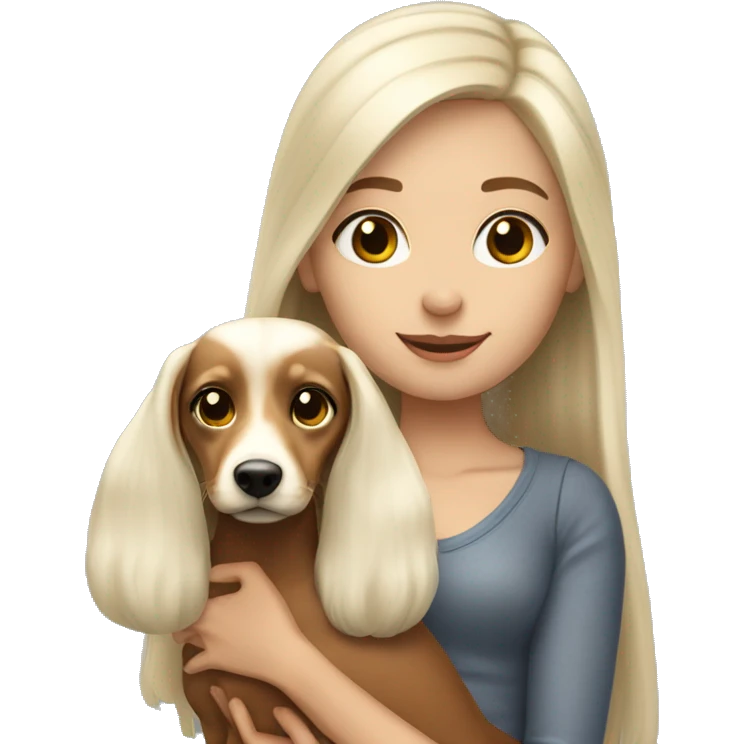 White long hair brunette girl holding blonde doxie emoji