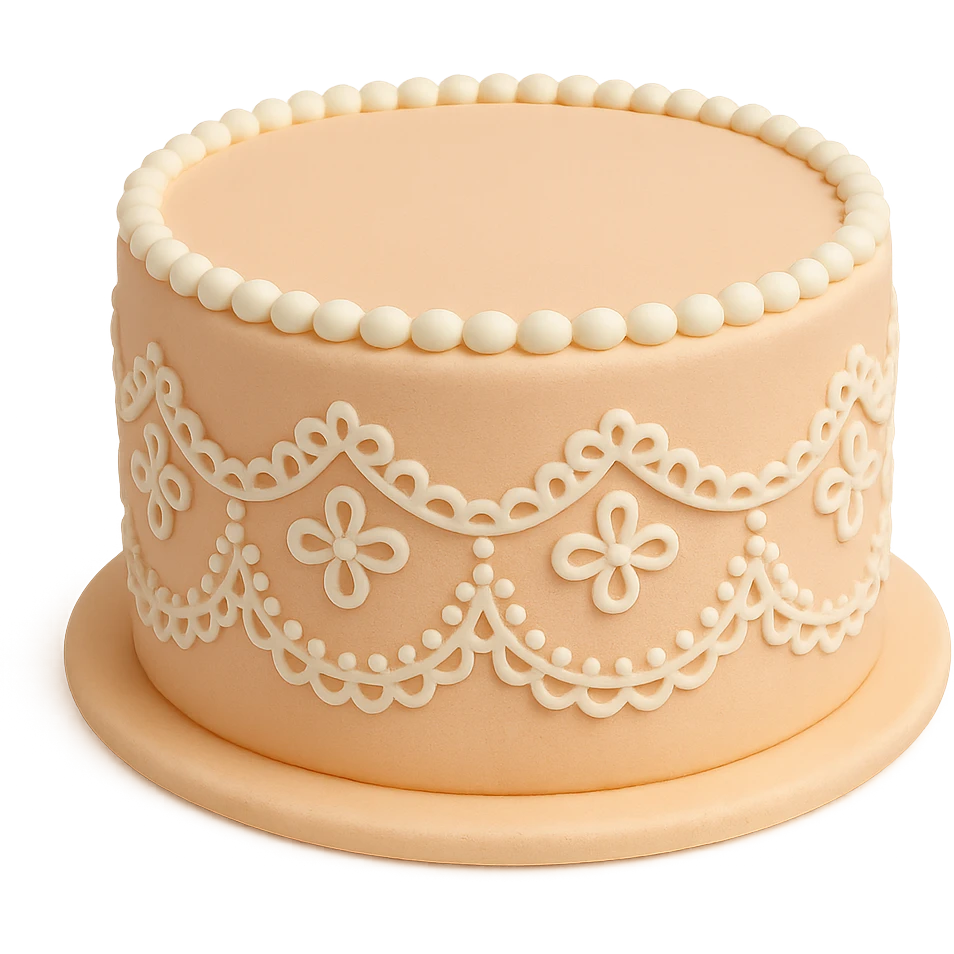 round fondant cake with lace piping emoji