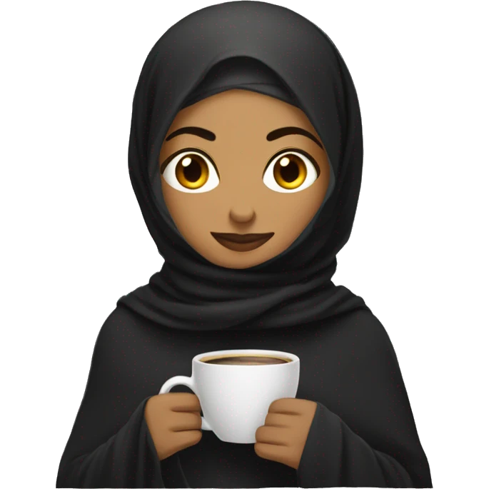 Indian woman with long black hijab with blanket with a cup of cofee emoji
