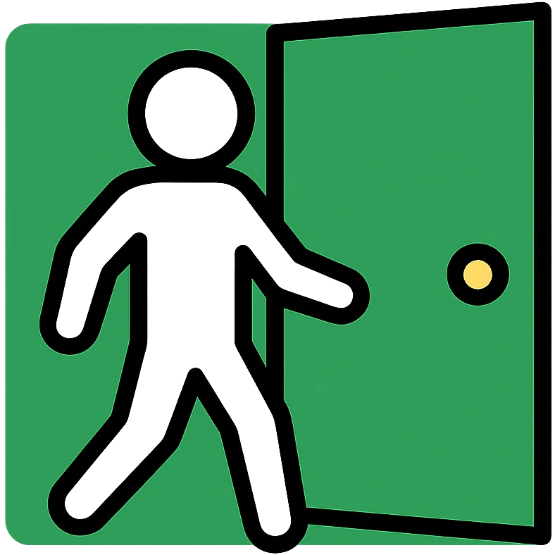 minimalistic icon of a white human figure walking through an open outlined door, viewed from the front, door with visible doorknob, solid green background, flat simple clean lines, high contrast emoji