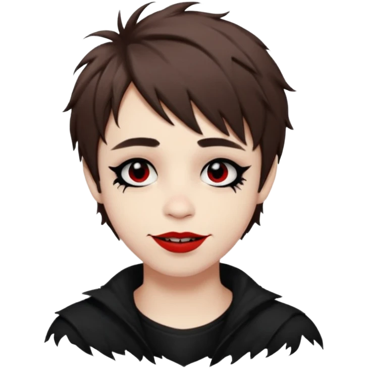Happy pale Goth boy with shaggy brown hair, and messy black eyeliner , smudged, red, lipstick  emoji