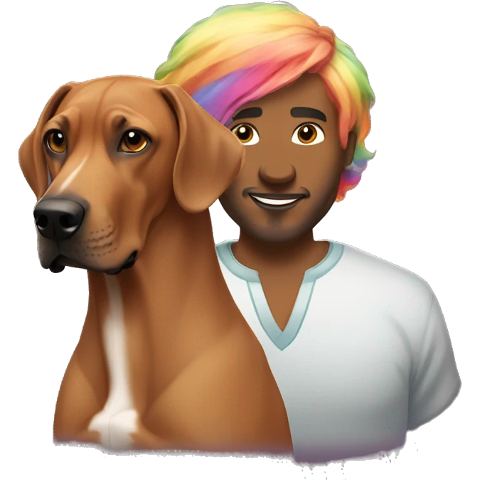 white male with long rainbow colored hair standing alongside a brown rhodesian ridgeback emoji
