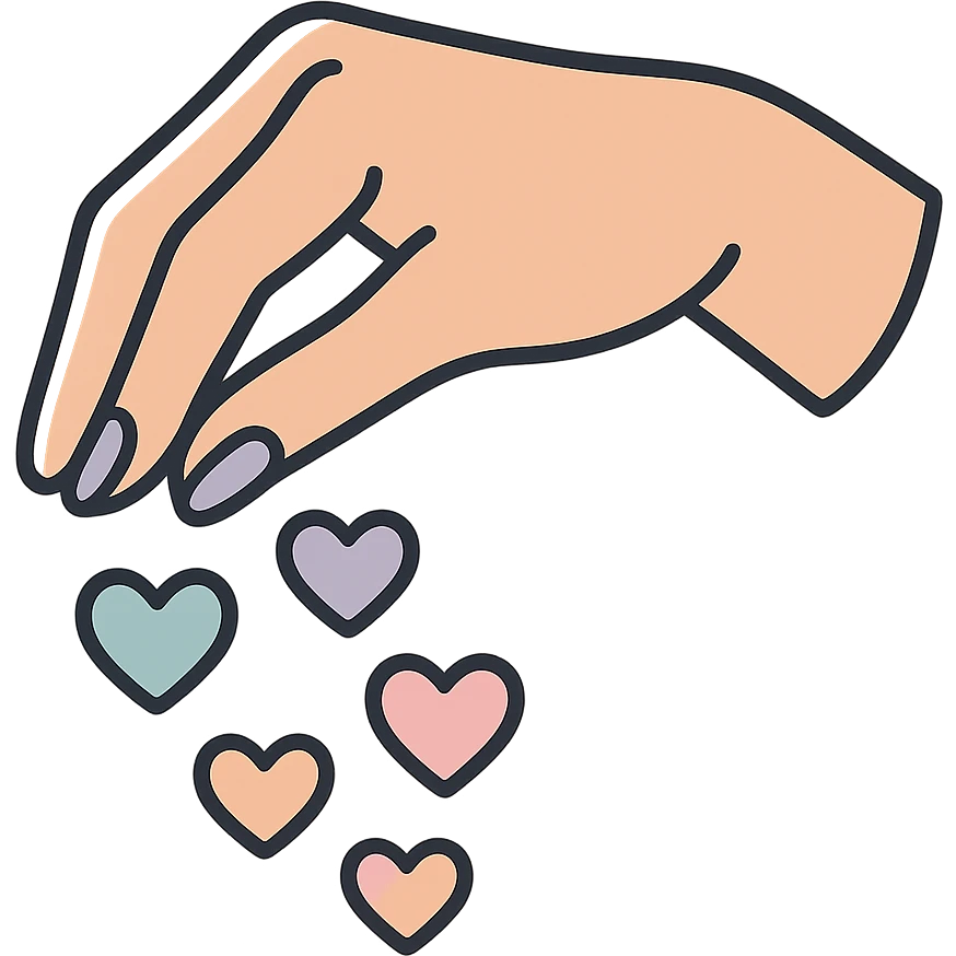 female hand sprinkling hearts like seasoning, icon-color-outlined style, thin clean contours, soft rounded shapes, pastel palette #98B5BC, #B5B3C1, #C9A3C9, #E4C0CA, #F7DCD1, #F7C0AA, modern Japanese pop-art and sticker aesthetic, detailed shadows and highlights, soft lighting, transparent background emoji