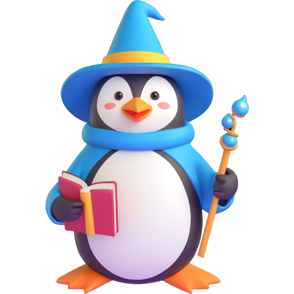 charming penguin wizard wearing a pointed hat and holding a book emoji