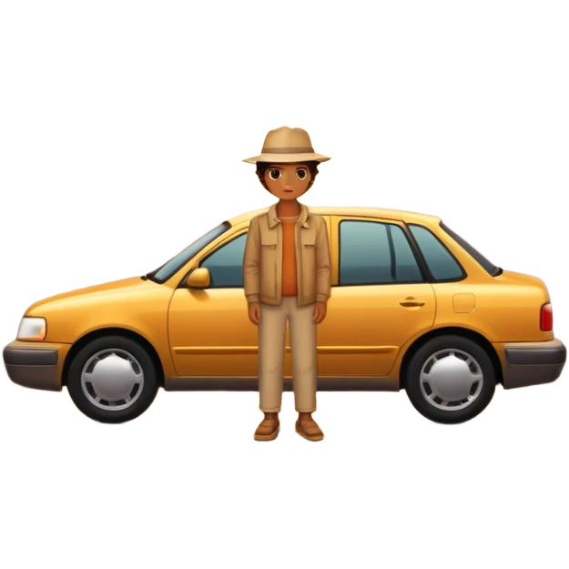 A parked car rests on the side of a long with a person outside , empty road stretching toward a golden sunset. The sky glows with warm colors, and the landscape ahead feels open, peaceful, and full of promise. love  emoji