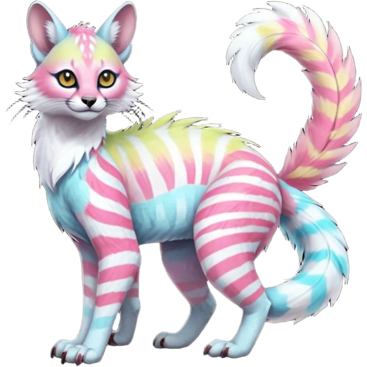 Colorful tropical feathery tribal pale light fruity pastel white glorious iridescent divine exotic cute albino neon vibrant zigzagged cool beautiful fantasy-caracal-civet-genet-sergal-vernid-Gryphon-Cacomistle-Trico-oncilla-animal-Fakémon-hybrid-fursona (full body), facial markings,  emoji