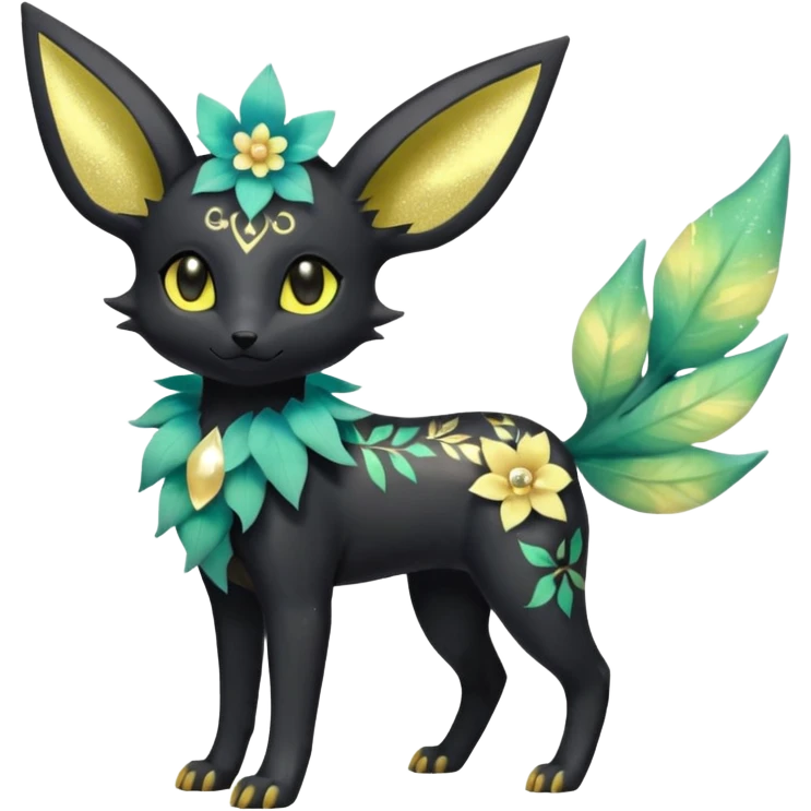 Multicolored sparkly pastel dark iridescent light pale gloomy spooky realistic pretty cool elegant realistic floral exotic Trico-Bolthund-Electrike-Luxray-Umbreon-Leafeon-hybrid, full body emoji