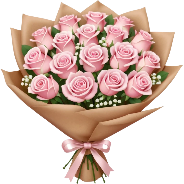 A brown paper-wrapped bouquet of pink and white fresh roses and baby’s breath emoji