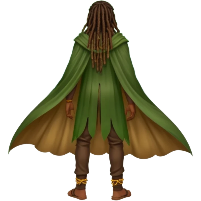 full body woodland character, dark skin man with dreadlocks, from behind, open back leaf cloak, wet skin shine, fireflies around emoji