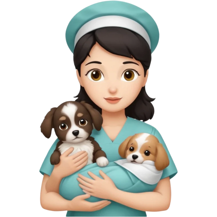 dark haired nurse holding baby dog emoji