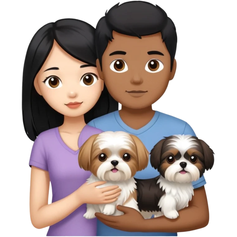 A beautiful Asian girl with long black hair is holding a small Yorkshire Terrier. She is standing next to her brown skinned boyfriend, who is holding a white Shih Tzu. They are each holding one dog each emoji