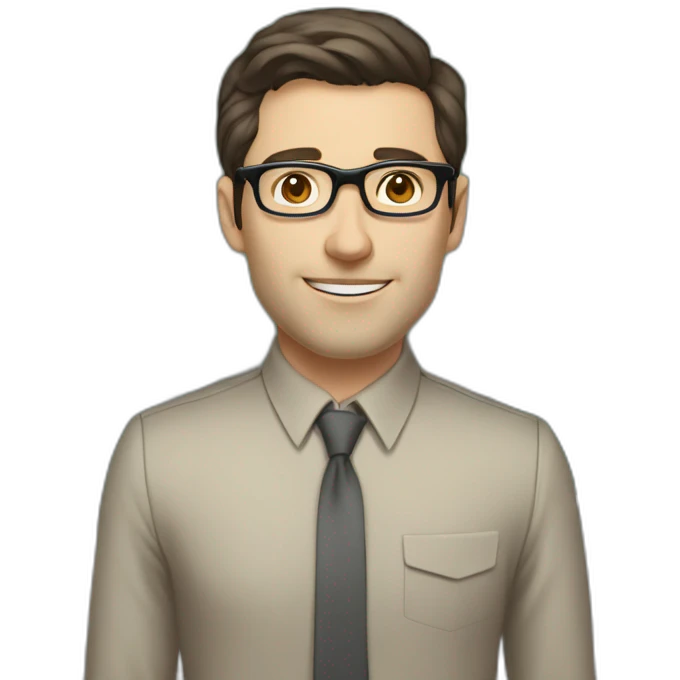 Pale skinned fit man with dark brown hair in gray jacket, beige office shirt, brown tie, brown pants and vintage glasses Writing on the marker board emoji