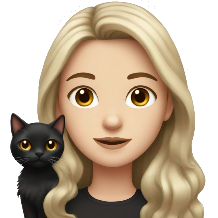 white girl with long brown hair and fluffy black cat emoji
