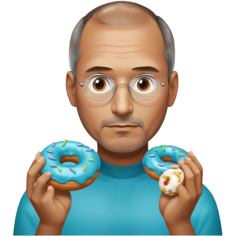 Steve jobs is eating a fully glass colored doughnut. the Doughnut is colored cyan and steve jobs is holding it by his hands, going to eat emoji