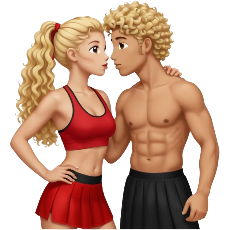 athletic man, high top fade, blonde curly hair only top only, no shirt and Athletic girl with long light red wavy long hair and black sports, Put them together kissing, or holding hands give the girl red hair and a long skirt emoji