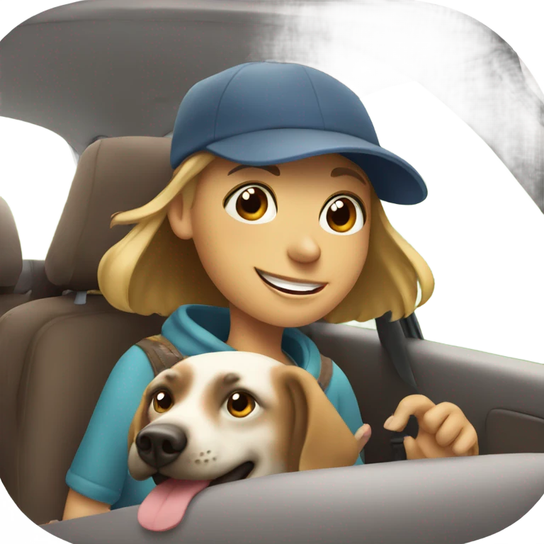 girl smiling in car with dog and mushroom cap emoji