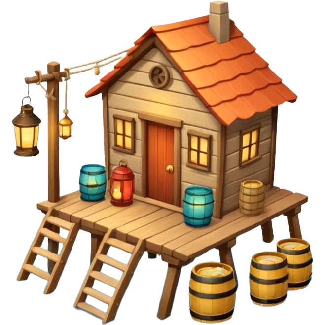 
fisherman house on a wooden pier, small dock, fishing nets hanging, barrels, lantern, ocean vibe, 3D cartoon, cute mobile game icon, clean background, no text
 emoji