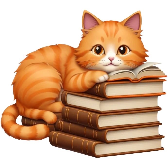 Cat reading a book leaning against a stack of books emoji