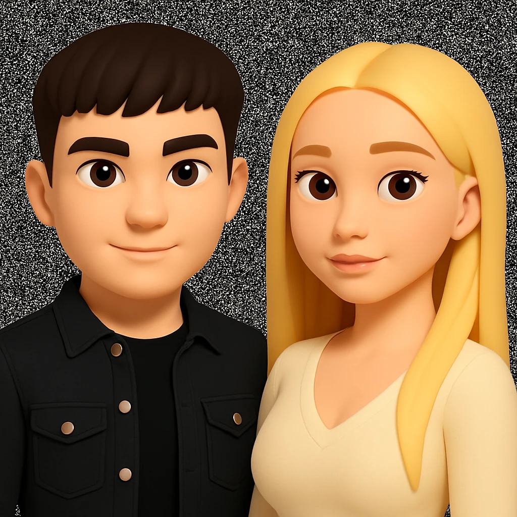 In the style of 3D Emoji, slightly increase the volume of the upper body of the girl, separate the girl and the boy from each other, and make the skin color the same for both characters. Maintain the 3D Emoji style characteristics. emoji