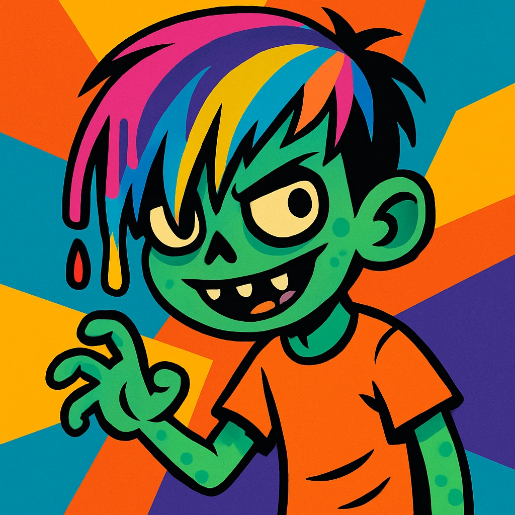 zombie boy with streaked emo hair, dye dripping, mischievous expression, colorful emoji