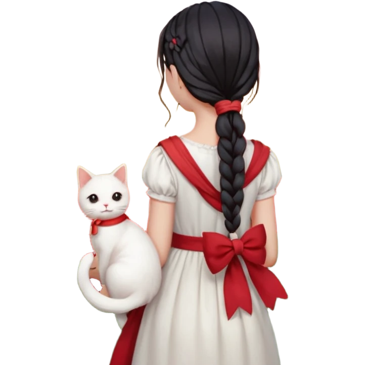 girl with long dark braid and bow, red scarf, white dress, holding white cat on shoulder, seen from behind, standing in a field at sunset, iOS emoji style, smooth glossy texture, soft lighting, kawaii, high detail, preserve all clothing and accessory details, sunset and field background emoji