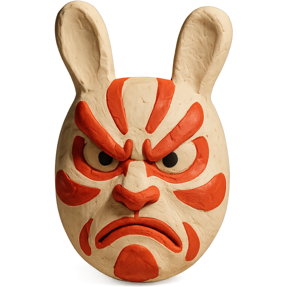 stylized usagi rabbit kabuki mask, red and white, angry expression, matte finish emoji