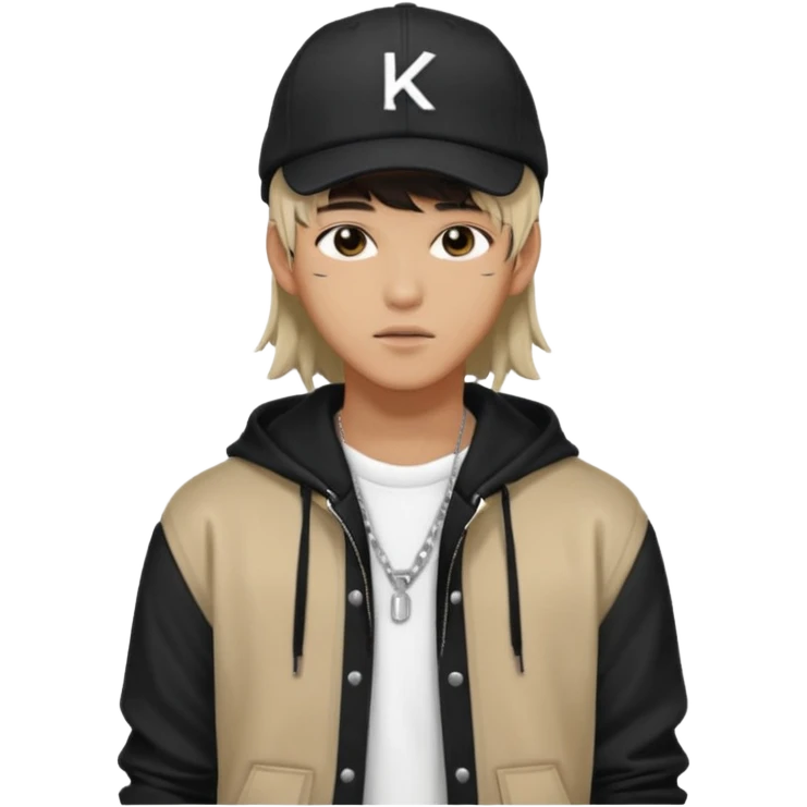Portrait of a male K-pop idol, wearing a stylish streetwear outfit with layered clothing, long hair with bangs, makeup, wearing a black cap emoji
