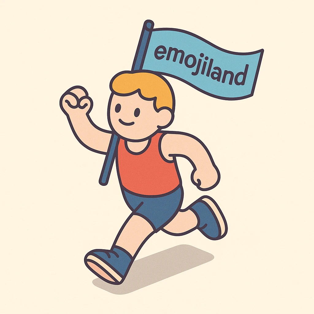 happy runner waving a flag that says 'emojiland' emoji