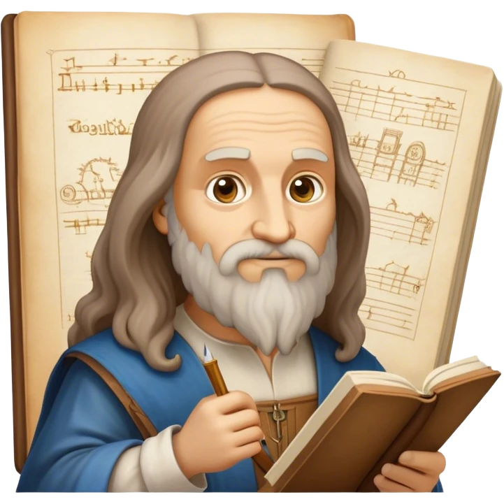 Cinematic Realistic Leonardo da Vinci Portrait Emoji, depicted as the quintessential Renaissance polymath with deep, thoughtful eyes, a flowing beard, and a quill or sketchbook in hand. The scene is illuminated with warm, classical lighting, evoking the atmosphere of a master artist’s workshop, surrounded by early sketches of inventions and masterpieces like the Mona Lisa. emoji